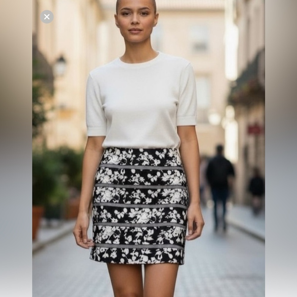 White House Black Market Black and White Striped Floral Mini Skirt